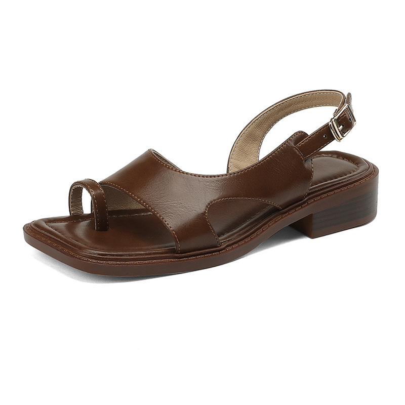 Sandal nữ xỏ ngón cổ điển đế bệt hở mũi — Màu nâu