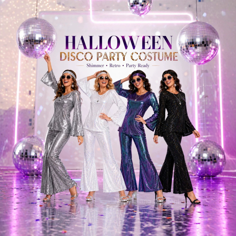 Cross-Border European and American Halloween 70S Disco Cosplay Costume for Women, Sequined Retro Suit, Jazz Dance Party Performance Outfit