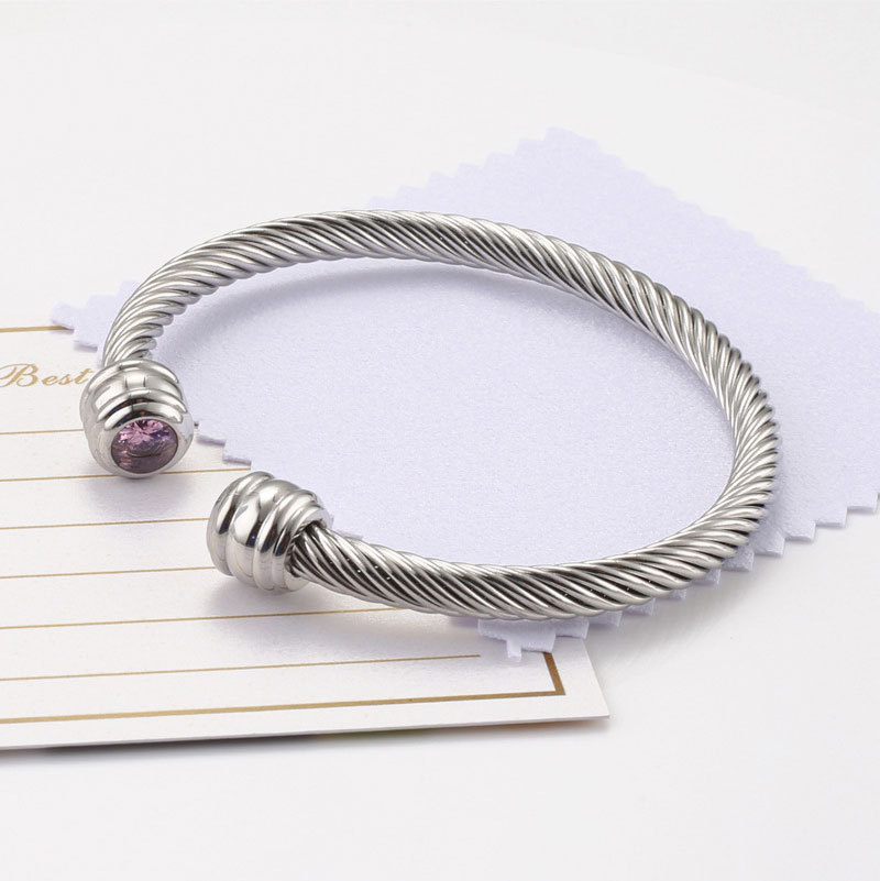 Titanium Steel Wire Rope Bracelet Twelve Birthstone Opening Adjustable Zircon Bangle display picture 3