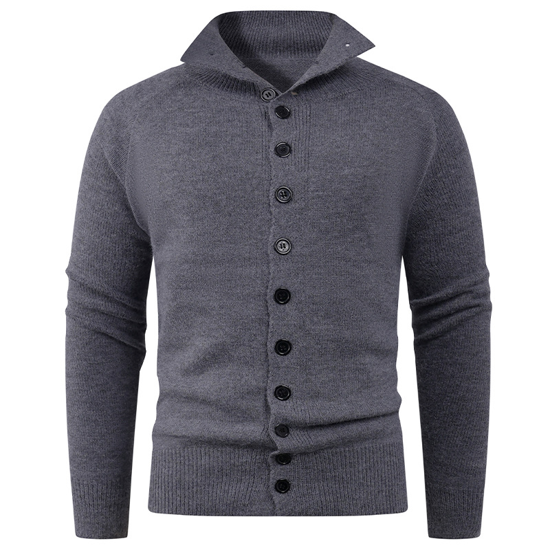 Einfarbiger Herren-Modal-Cardigan, Strickpullover zum Knöpfen, Stehkragen und Schalkragen, dicker Winterpullover, Schwarz/Dunkelgrau/Maschinenwaschbar_voghion.com