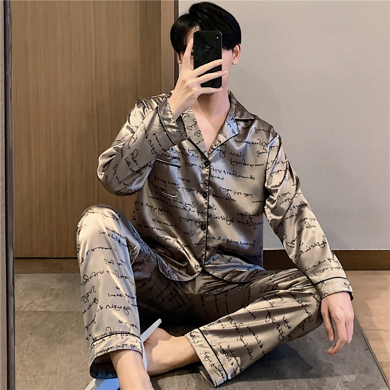 Spring and Autumn thin silk ice silk pajamas men's cardigan long-sleeved trousers high-grade plus size home wear suit men