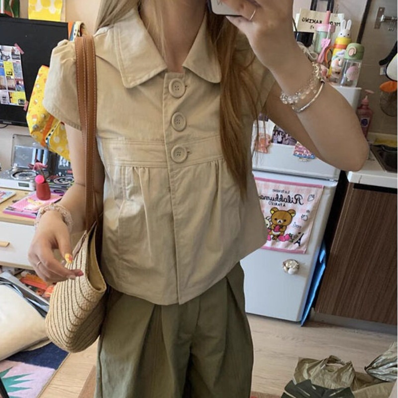 Highly Intellectual Retro Niche Style Lapel Pocket Short-Sleeve Simple Top Artistic Youthful Fashion Shirt for Women