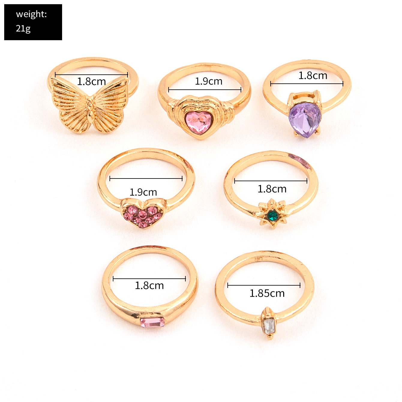 Foreign Trade Creative Design Personality Fashion Butterfly Pink Love Heart Diamond Six-pointed Star Knuckle Ring Seven-piece display picture 2