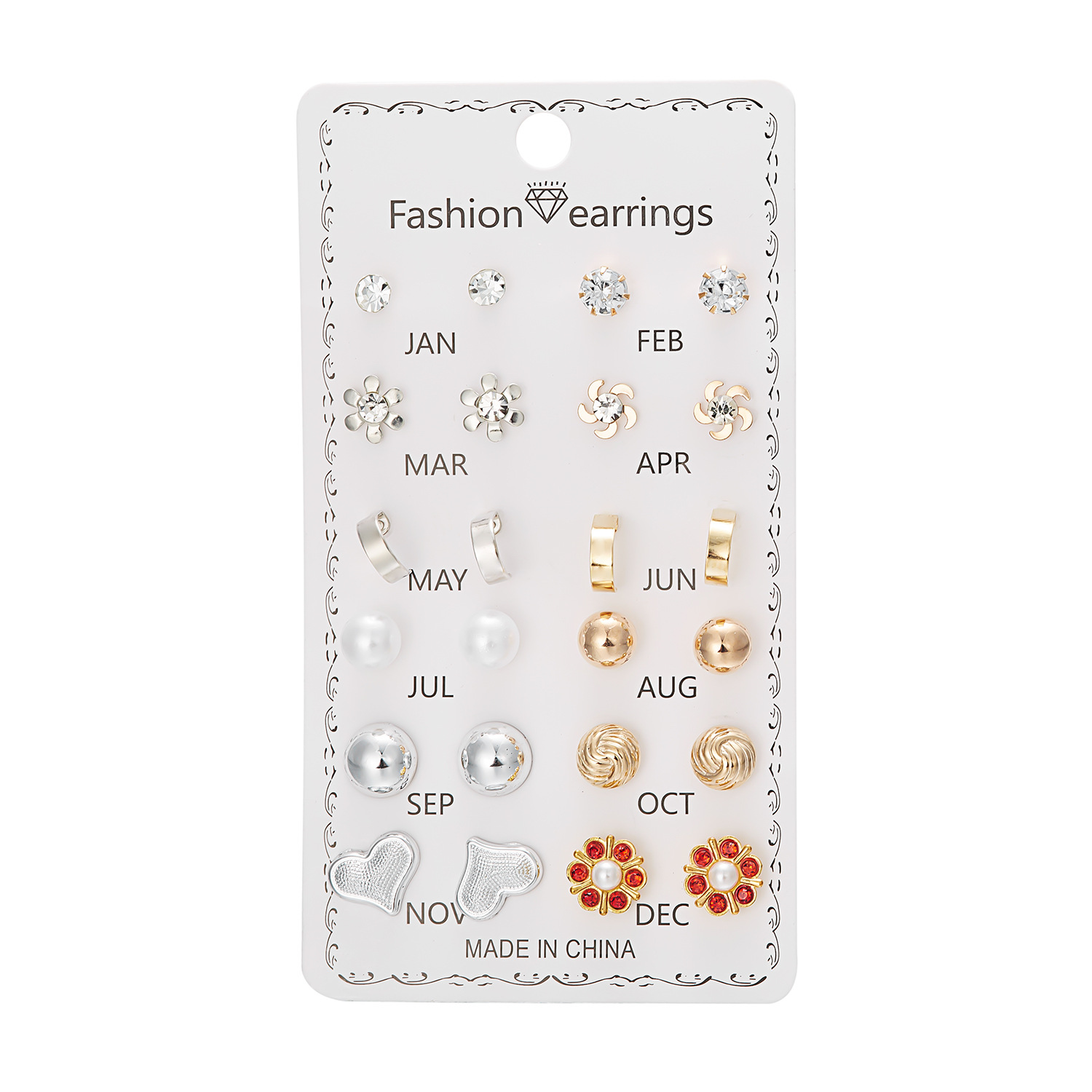 Set de 12 pares de aretes con flores de diamante