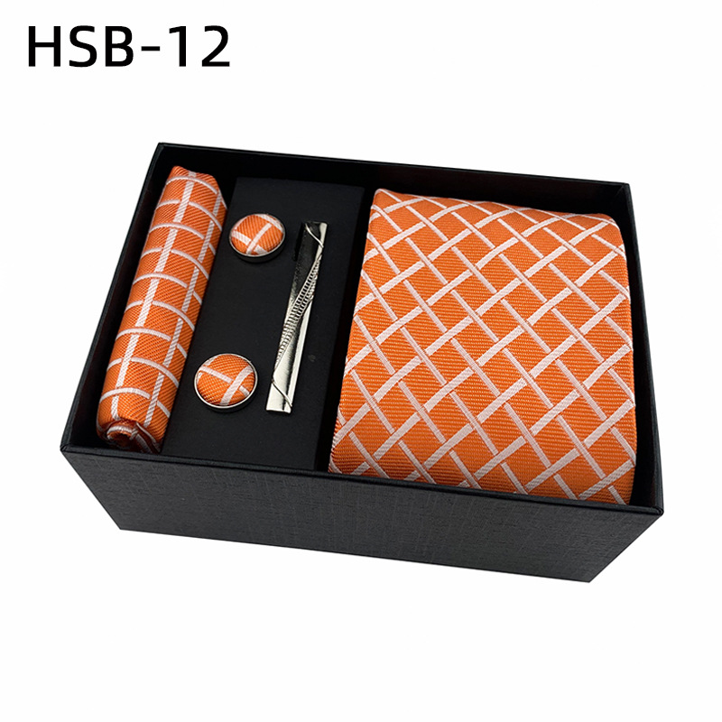 2025 nueva caja de regalo negra de negocios para hombres, corbata lisa a rayas, bufanda de bolsillo, clip de corbata, traje de regalo