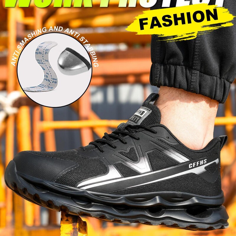 Lightweight and Breathable Safety Shoes with Sports Lace-Up Design, Steel Toe and Anti-Slip Features, Suitable for Work
