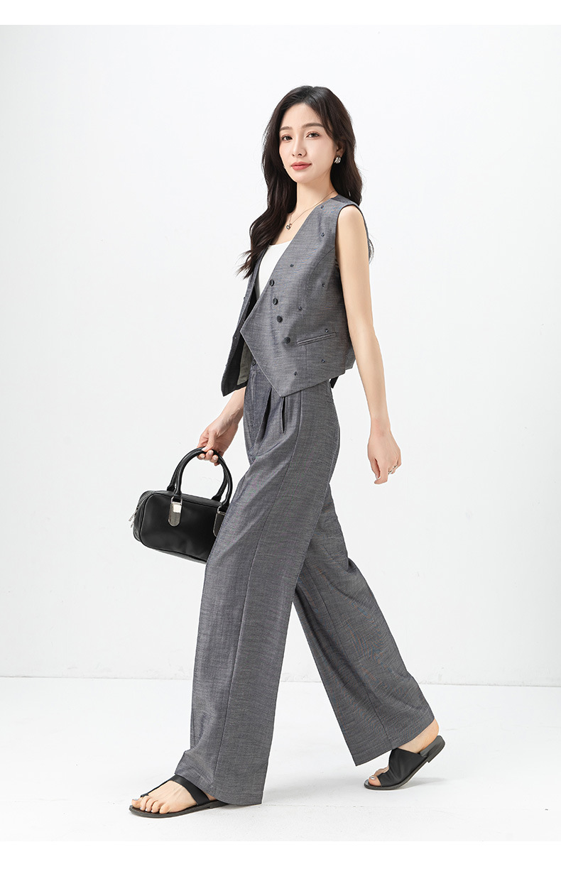 Bộ vest nữ phong cách tiền cũ Xinge áo vest gile quần ống rộng vải lanh Tencel mỏng mùa hè — Vest xám (65473) chi tiết 24