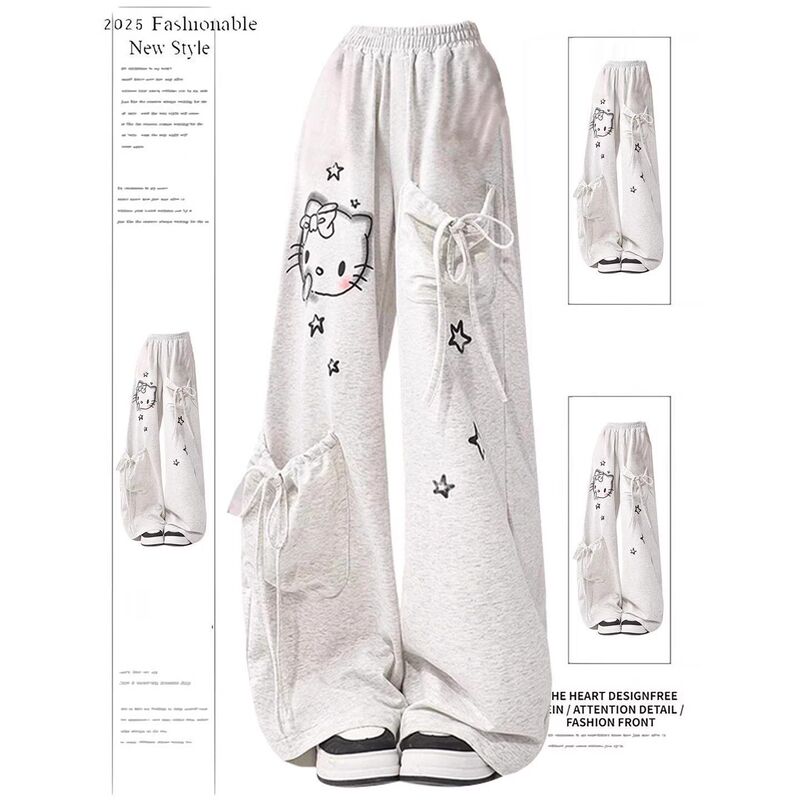 Gray Hello Kitty Sports Sweatpants for Women, Spring/Summer/Autumn, American Style Casual Loose Wide-Leg Jazz Dance Pants, Trendy Gray Hello Kitty Sports Sweatpants for Women, Spring/Summer/Autumn, American Style Casual Loose Wide-Leg Jazz Dance Pants, Trendy