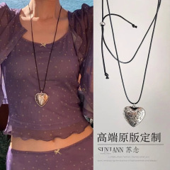 甜酷辣妹蜡绳雕花爱心抽拉式吊坠项链轻奢高级感毛衣链时尚项饰女