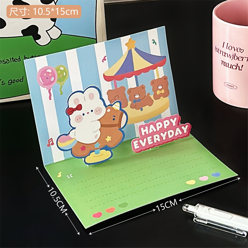Tarjeta de felicitación de pastel de cumpleaños tridimensional de dibujos animados de bricolaje paquete de material de sobre de corte de papel de carta de bendición plegable al por mayor femenino