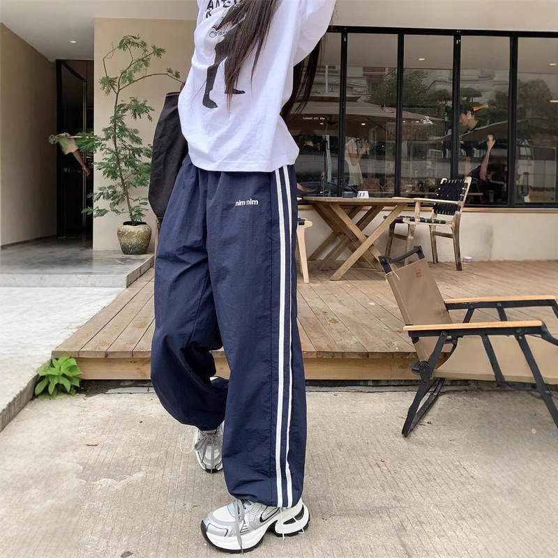 2025新款美式速干运动裤宽松条纹薄款透气休闲阔腿裤女字母长裤|undefined