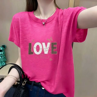 2026夏季新款竹节棉短袖印花烫钻大码宽松百搭休闲圆领T恤女黑色