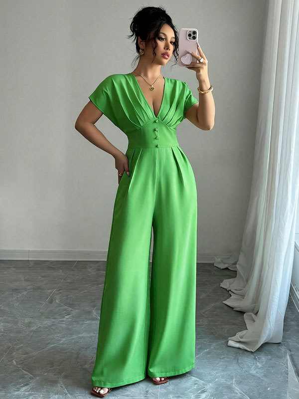 Exportación de comercio exterior 2026 nuevo estilo europeo y americano transfronterizo temperamento elegante de mujer cuello en V manga corta cintura amplia pierna junk