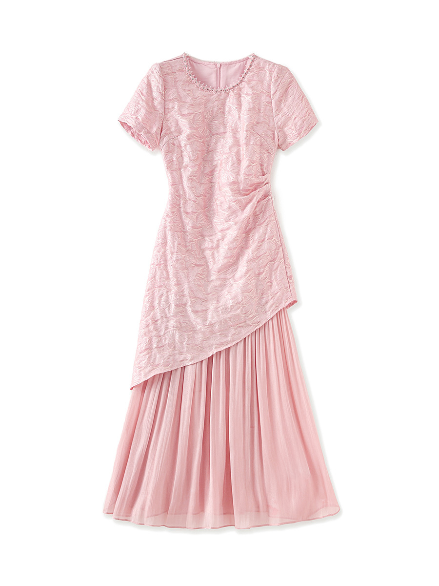 Váy maxi nữ cổ tròn đính cườm họa tiết bướm jacquard phong cách Trung Quốc — Màu đen