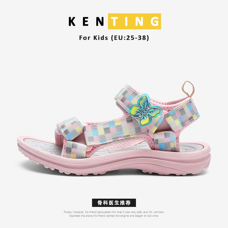 Высокоэластичные детские сандалии с мягкой подошвой, летние сандалии для девочек в клетку с бантом, для маленьких, средних и больших детей, уличная пляжная обувь с открытым носком