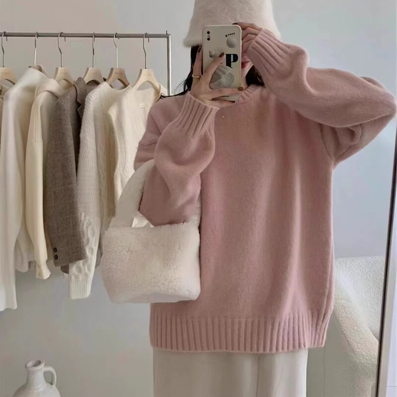 Gentle Style Japanese Loose Round Neck Sweater Women's Autumn and Winter Thickened Lazy Style Solid Color All-match Outer Wear Knitted Base Shirt