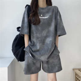 扎染休闲时尚套装女装2022新款韩版夏季扎染短裤+T恤运动服两件套