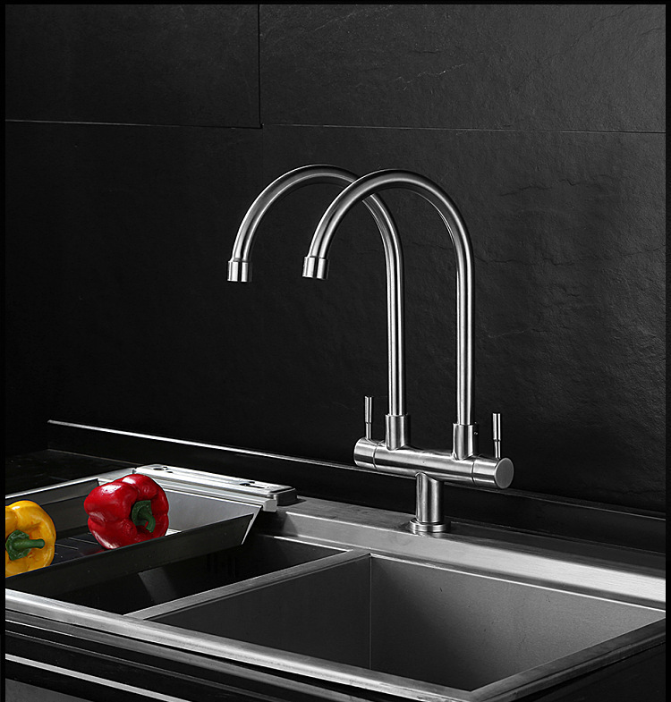 SUS304 stainless steel kitchen sink faucet, single cooling, double pipe, double handle, universal rotating kitchen sink, double outlet faucet undefined