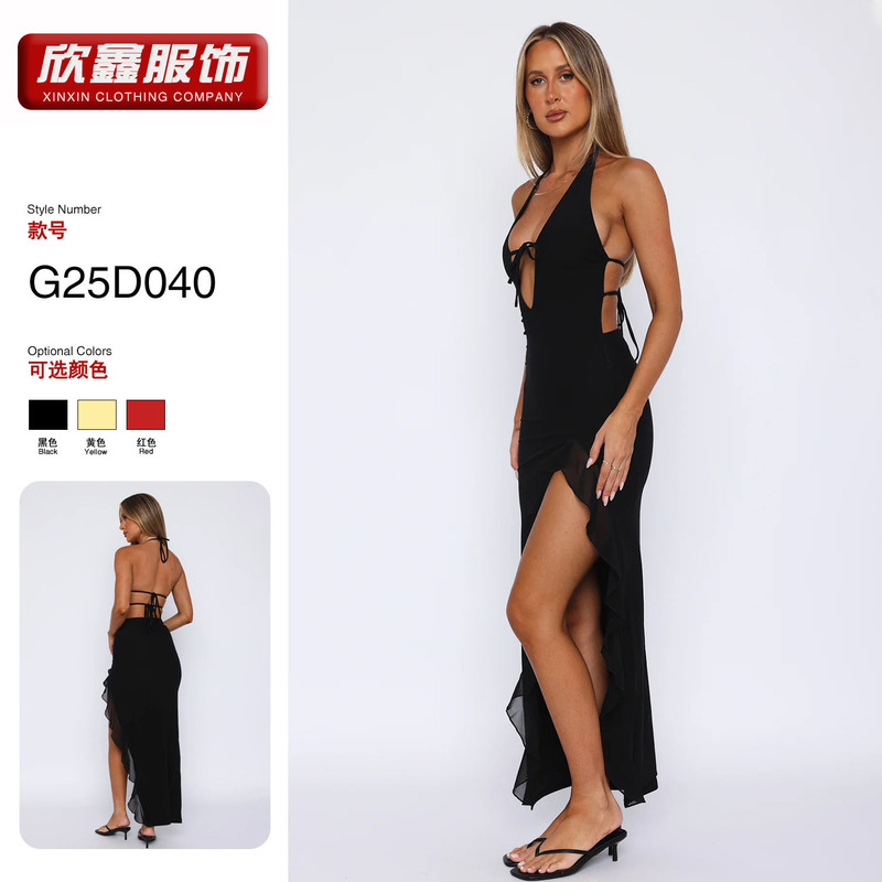 European and American Style Cross-Border Women's Fashion Slit Sleeveless Dress Amazon Foreign Trade Solid Color Mesh Ruffle Long Dress