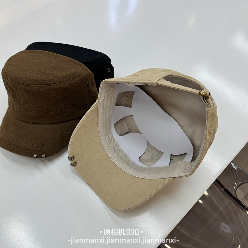 水洗棉帽檐装饰平顶马术帽子女春秋新款四季骑士帽日系复古鸭舌帽|undefined