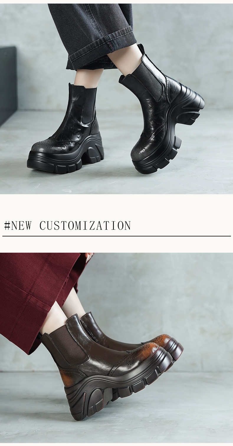 Giày boot Chelsea nữ cổ ngắn đế dày mũi tròn màu nâu cổ điển — Lớp lót nhung đen, Nhung nâu, Lớp lót đơn màu đen, Lớp lót đơn màu nâu chi tiết 3