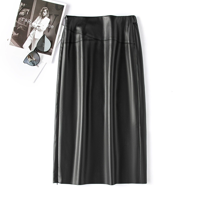 Кожаная юбка женская, средней длины, новинка весна-осень 2024, с завышенной талией, выше колена, облегающая, с разрезом, однотонная, сексуальная