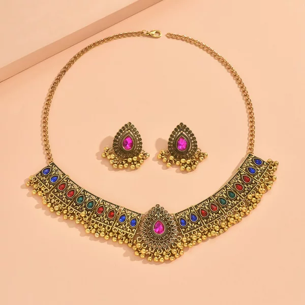 European and American niche retro style water drop gem earrings Nepal diamond round bead necklace suit cross-border fashion jewelry