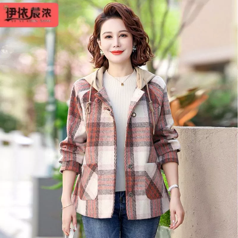 Женская Повседневная куртка с капюшоном для женщин среднего возраста, новинка весны 2024 года, клетчатая куртка для мам, короткая куртка для женщин