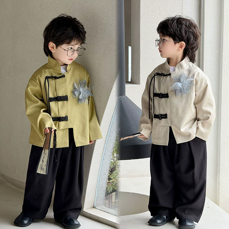 Детский костюм Ханьфу для мальчиков, весна-осень 2025, новая коллекция, в китайском стиле, комплект в стиле Тан, топ с воротником-стойкой, оптом, модный