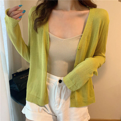 Solid color v-neck ice silk sunscreen cardigan for women 2023 summer Korean style loose air-conditioned shirt with casual jacket top