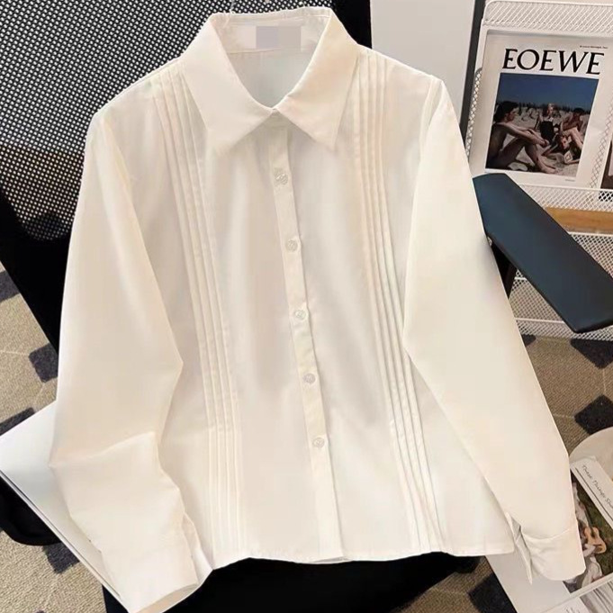 White JK Uniform Shirt Women's Long-Sleeved Organ Pleated College Style Shirt Lined with Stacked Short French Women's Top