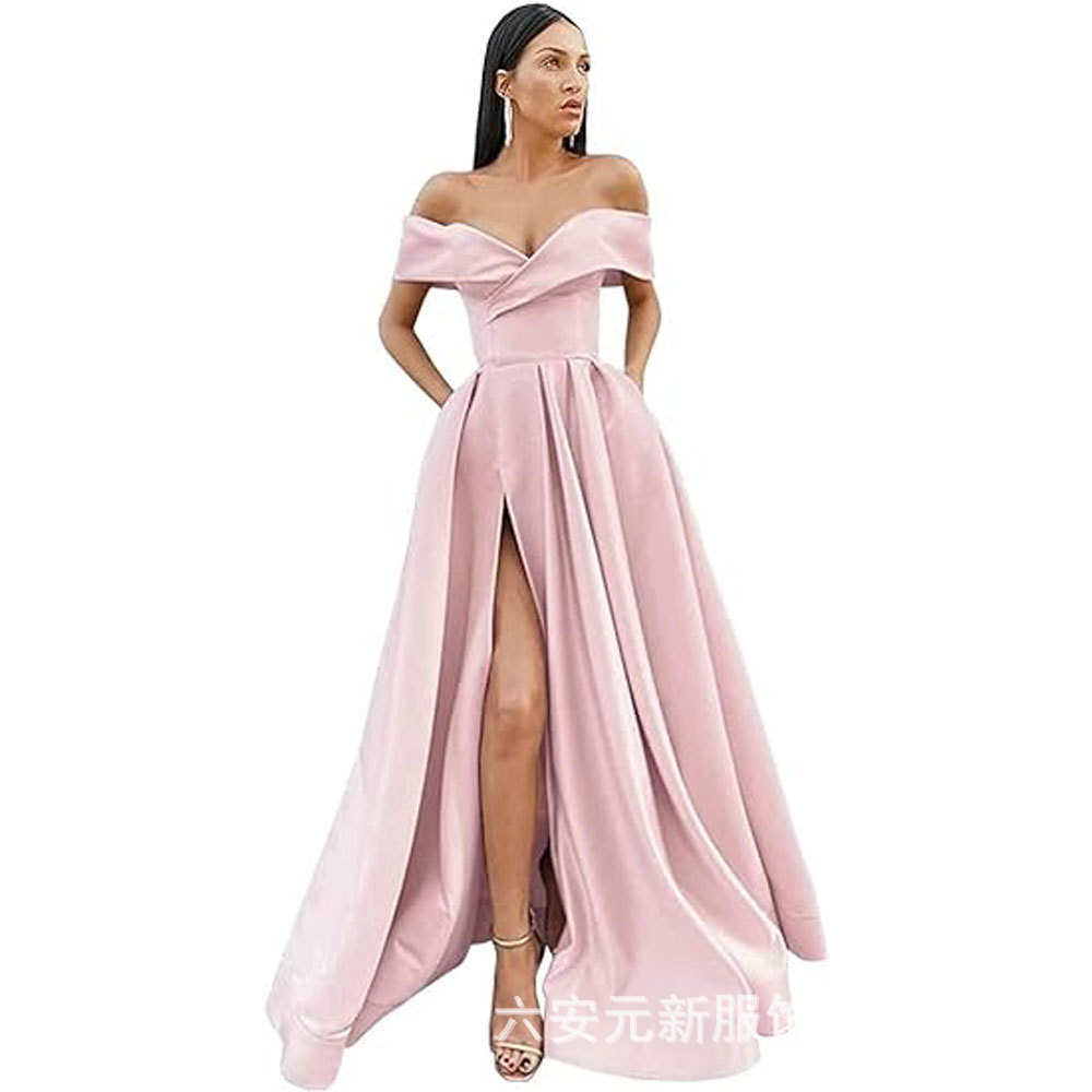 Amazon Comercio exterior fuera del hombro prom vestido de noche largo split sexy Fiesta de las mujeres vestido de banquete