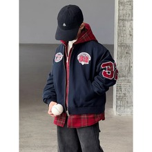 男童夹棉外套秋冬2025新款儿童假两件上衣加厚中大童夹克冬季炸街