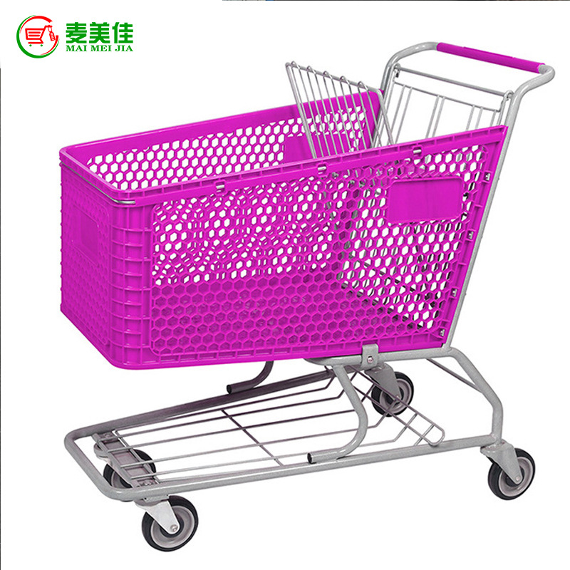 供应165L新款塑料购物手推车 半塑料购物手推车 带颜色购物手推车