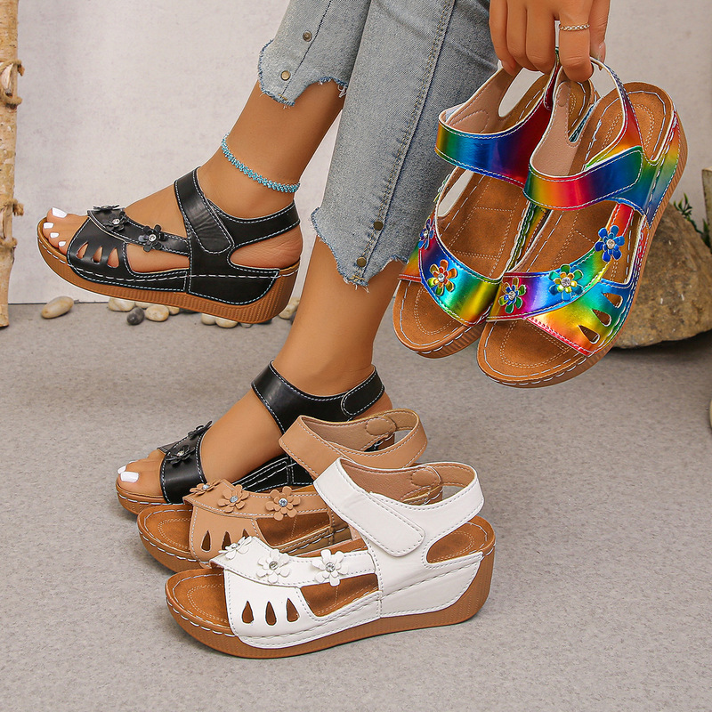 Foreign Trade Wedge Heel Women's Sandals 2026 Summer New Hollow Out Velcro Fish Mouth Sandals Thick Sole Floral Beach Sandals for Women
