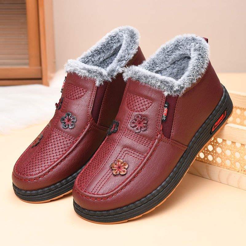 冬季加绒加厚妈妈棉鞋老北奶奶防水防滑一脚蹬中老年保暖雪地靴