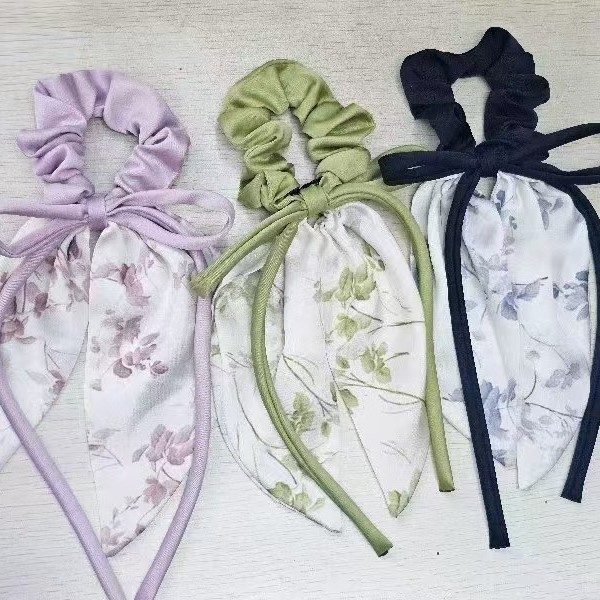 Nuevo lazo de raso estampado, coletero de encaje elegante estilo chino, cuerda para el pelo de cola de caballo al por mayor