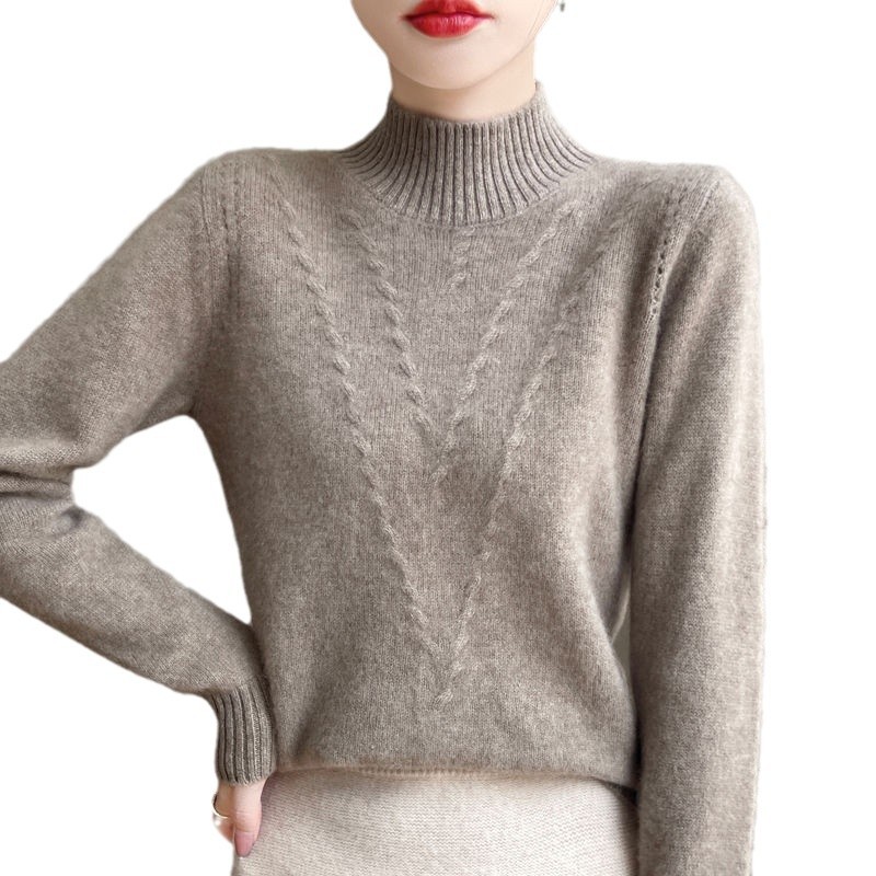 【 Famiglia Cashmere 】 Maglione da donna in maglia jacquard larga e spessa, con collo alto e base corta in lana, strato interno_voghion.com