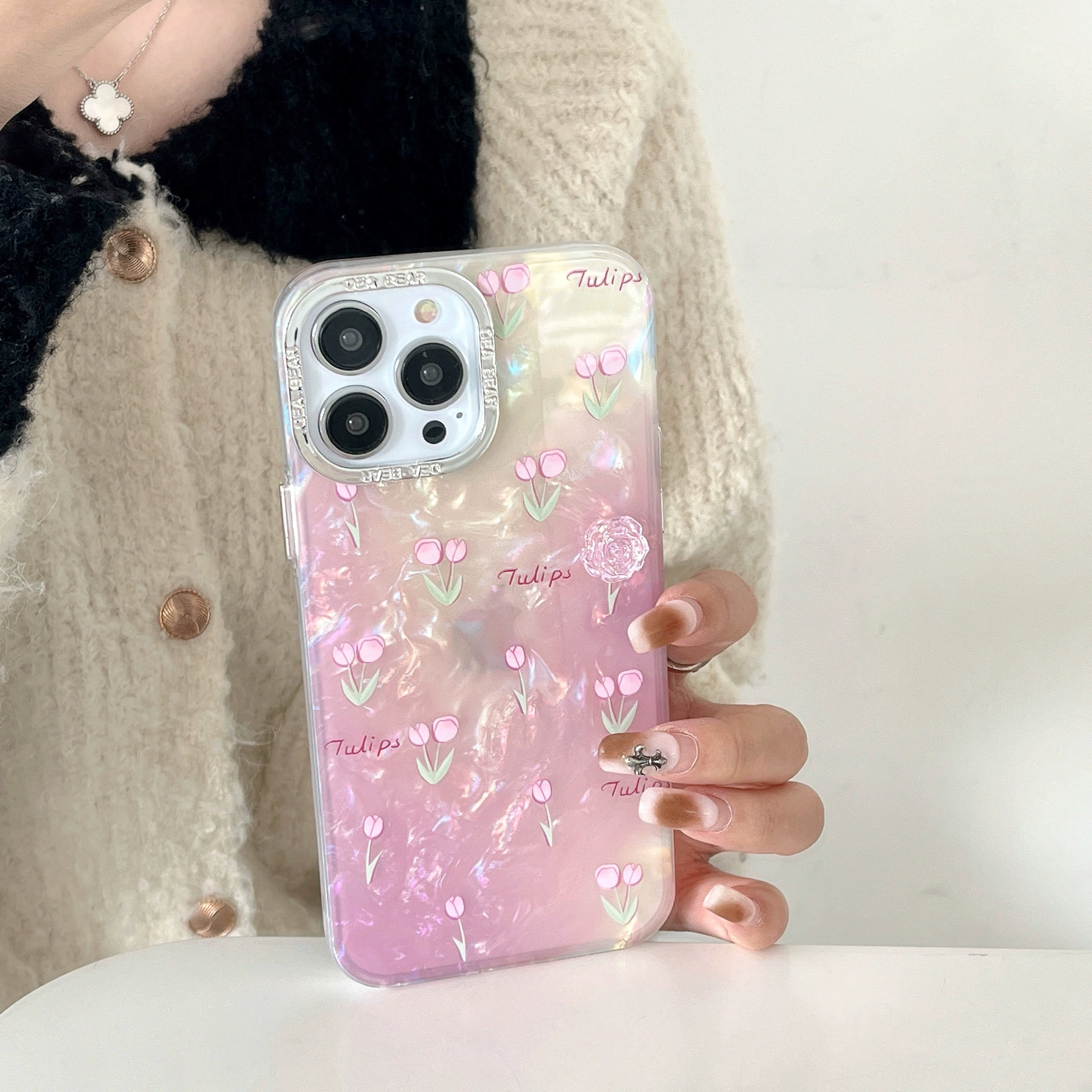 Розовый тюльпан подходит для Huawei Mate60pro/P40/P50 браслет iPhone13 чехол для мобильного телефона 12