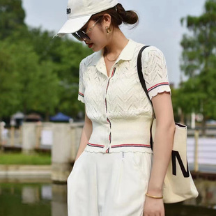 Sweater factory wholesale TB three bar contrast color knitted cardigan ladies fashion short sleeve lapel polo shirt top