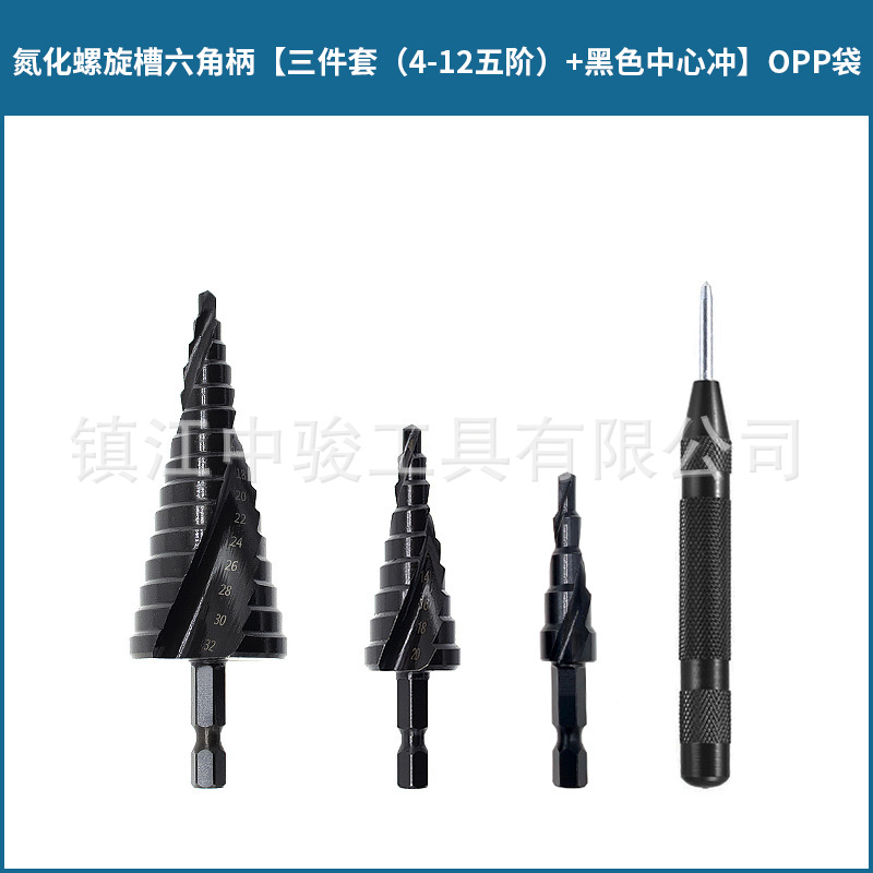 Transfronterizo negro espiral ranura escalera taladro mango hexagonal nitruro acero de alta velocidad métrica pagoda taladro Centro de perforación ponche