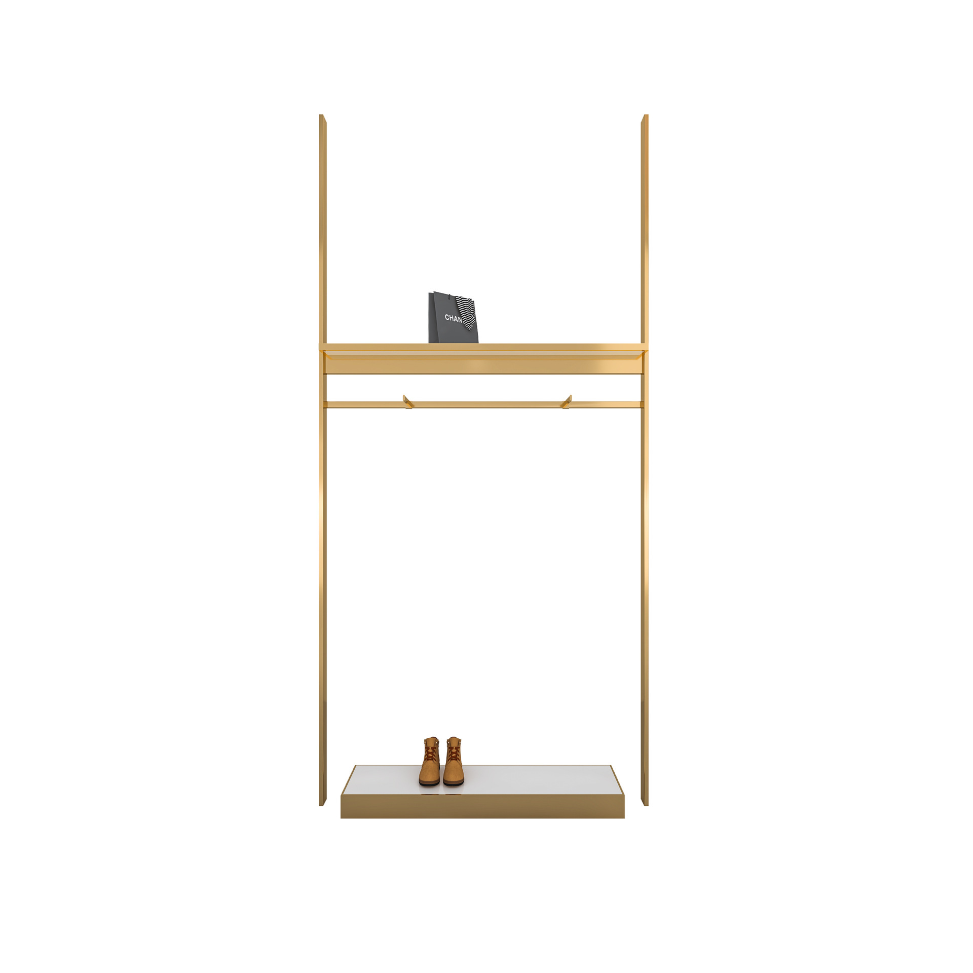 Estantes de ropa de hombre de acero inoxidable en la pared columnas del cielo simple cabina de exhibición de ropa tienda de ropa estante de exhibición estante oro