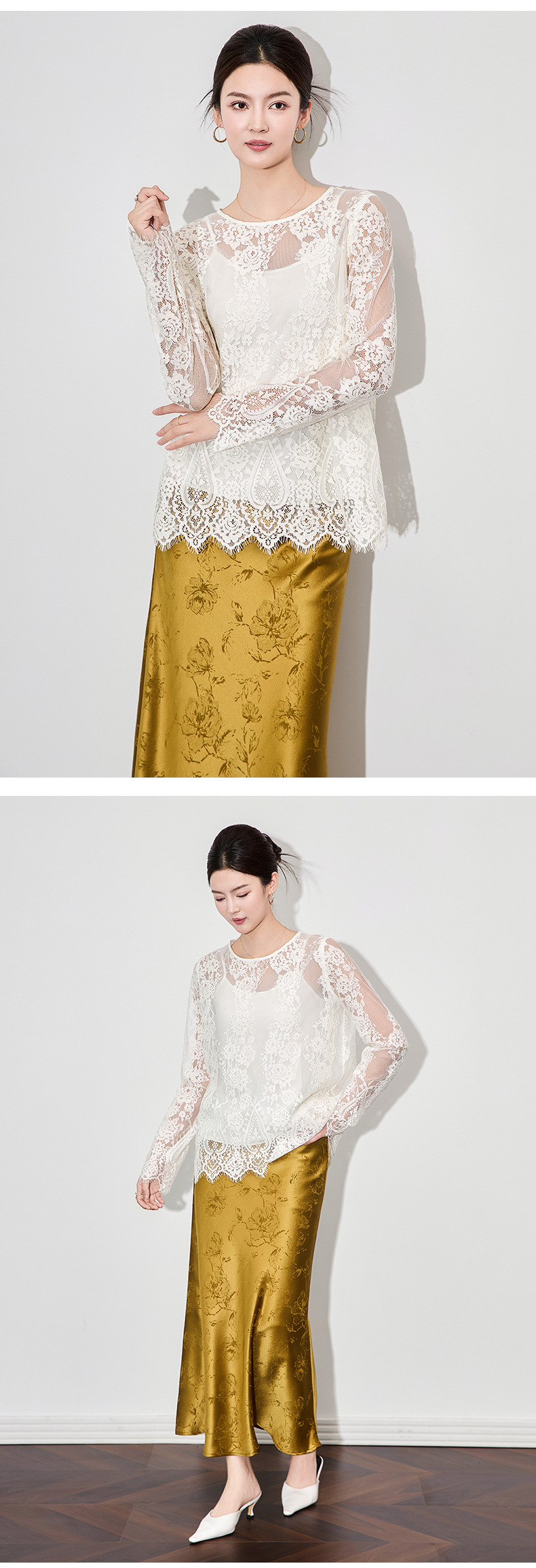 Áo sơ mi ren jacquard phong cách Pháp thanh lịch tay dài — Màu hồng chi tiết 19
