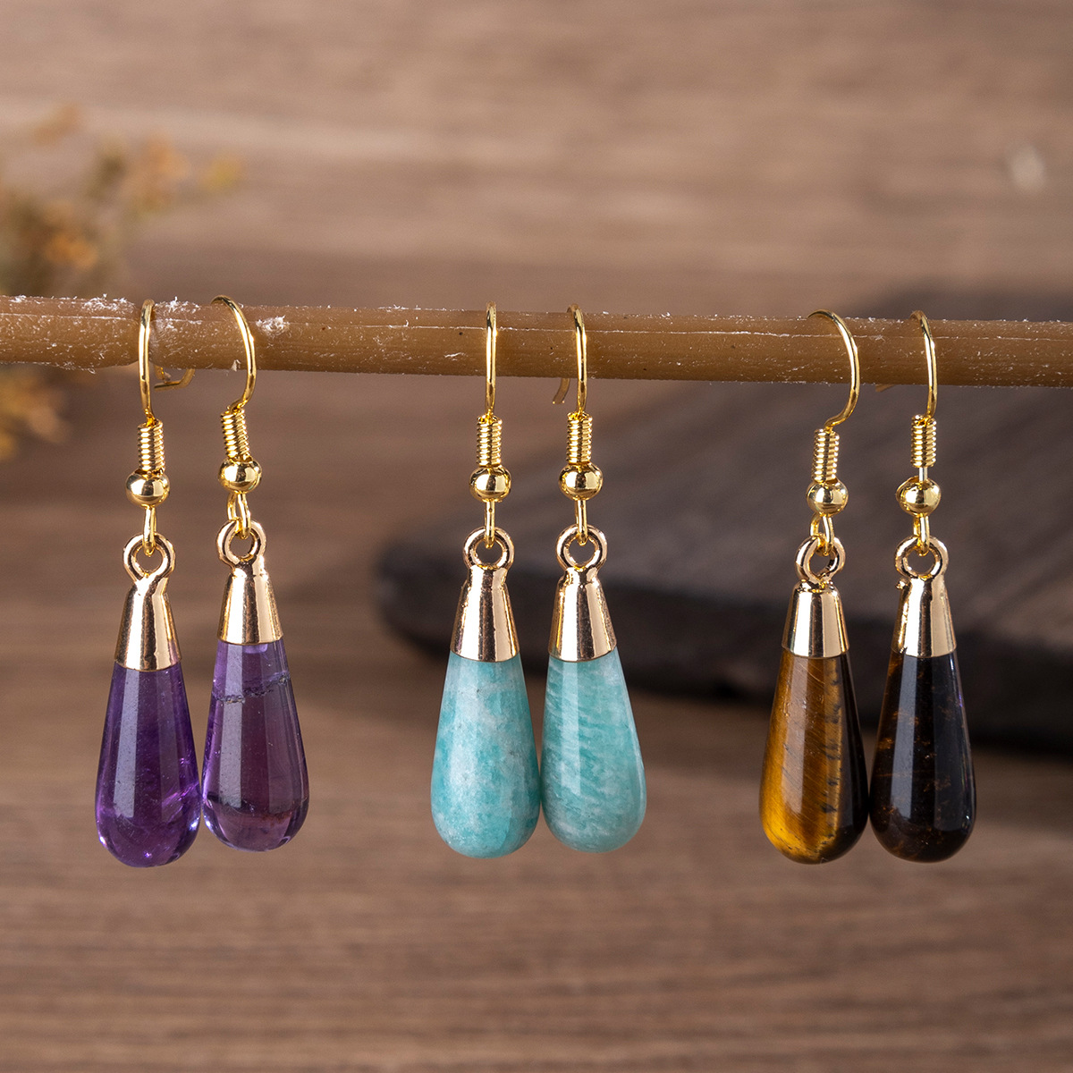 Zhuhang Jewelry Cross-Border Popular Natural Crystal Earrings Amethyst Lapis Lazuli High-End Earrings Wholesale