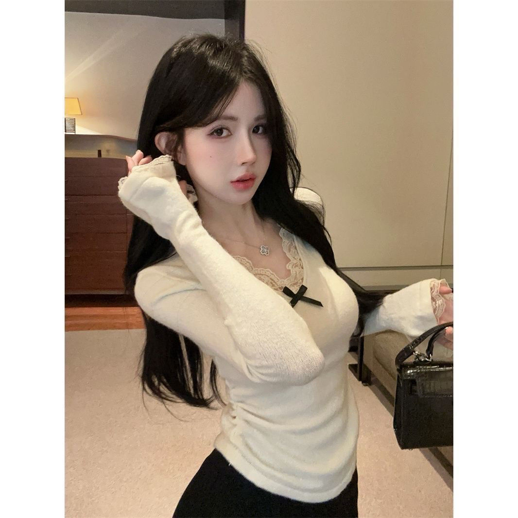 大码胖MM秋冬纯欲新款法式拼接蕾丝花边蝴蝶结T恤显瘦修身打底衫