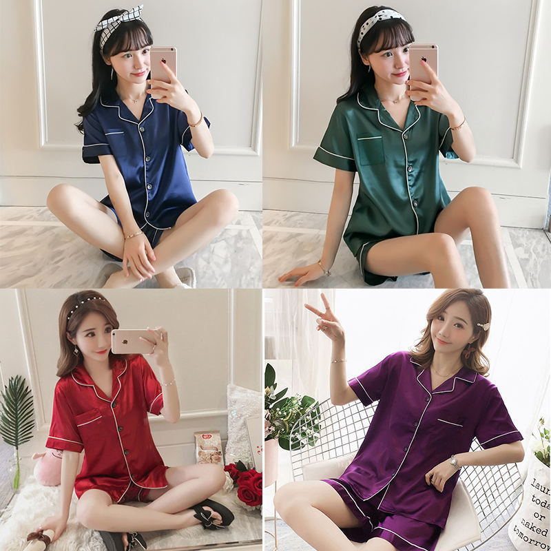 Cardigan Silk Pajamas Women's Summer Short-sleeved Ice Silk Sexy Women's Thin plus size Home Clothes Two-piece Shorts suit