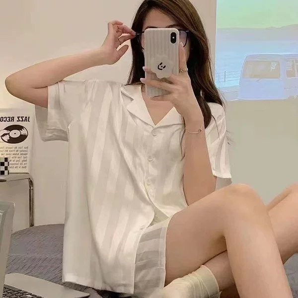 2025 New Ice Silk Pajamas for Women Summer Short-Sleeved Summer Imitation Silk Home Clothes Ins Style Suit Pajamas
