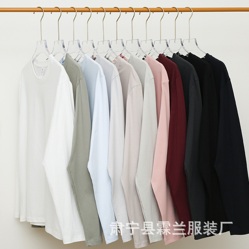 Customized 230g Pure Cotton Long-Sleeved Heavyweight Round Neck Pure Color T-Shirt Loose and Versatile Bottoming Shirt for Couples Men and Women Autumn Clothes