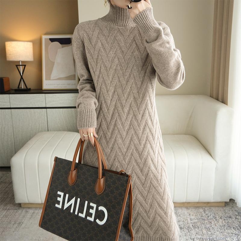 Demi-season woolen long solid color elegant dress
