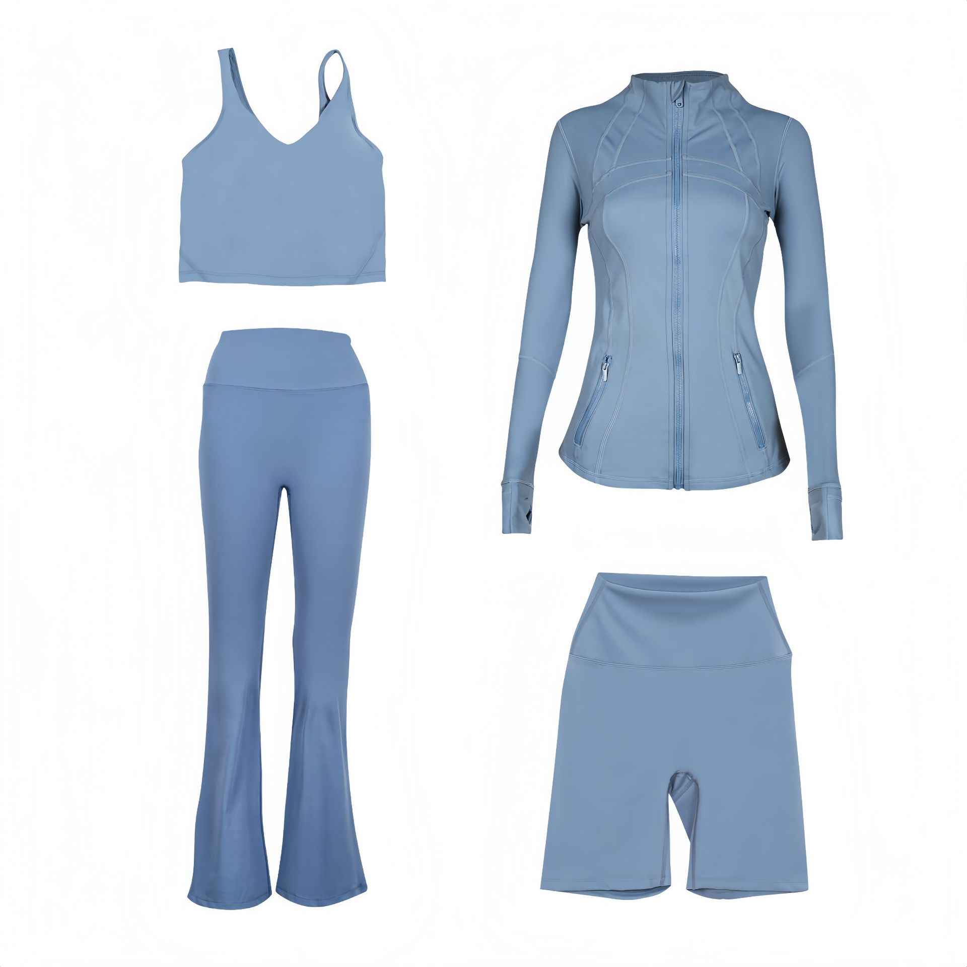 Dameskleding Slim Fit Sportkleding Set U-vormig Vest Uitlopende Broek Shorts Vierdelige Set Op Voorraad Fitnesskleding Gymoutfit_voghion.com
